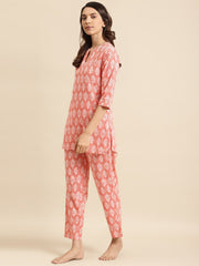 Womens Peach & Off White Printed Night Suit