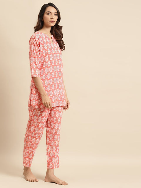 Womens Peach & Off White Printed Night Suit