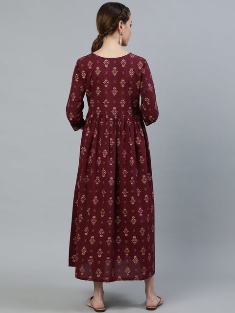 Women Maroon Printed Flared Maternity Dress With Three Quarters sleeves & Belt