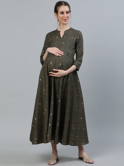 Women Grey & Off-White Printed Maternity Dress with Three Quarter Sleeves