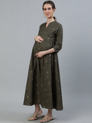 Women Grey & Off-White Printed Maternity Dress with Three Quarter Sleeves