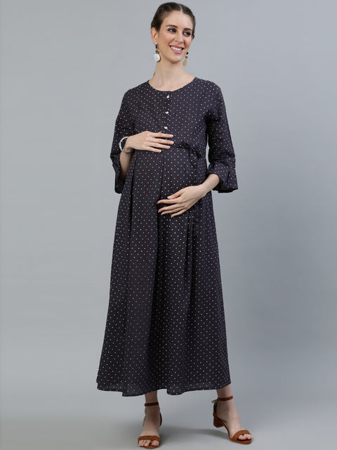 Women Taupe Polka dots Maternity dress with Belt