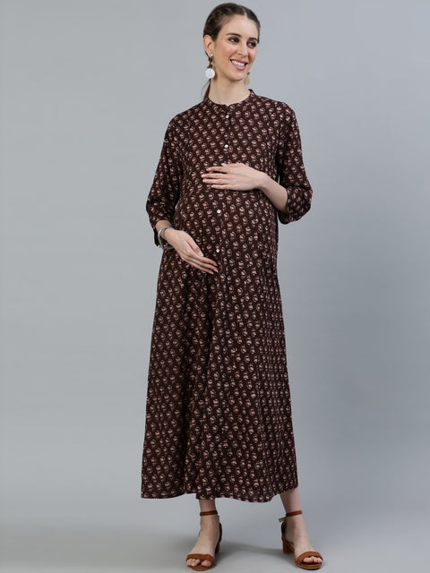 Women Brown Printed Maternity Dress With Three quarter sleeves