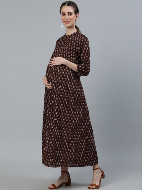Women Brown Printed Maternity Dress With Three quarter sleeves