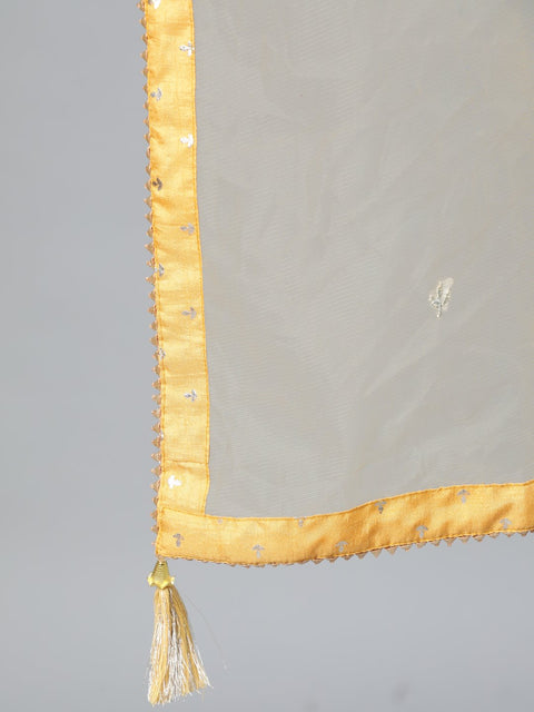 Women Mustard foil Printed Maxi Dress With Embroidered Net Dupatta