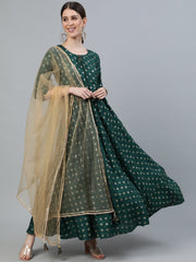 Women Green foil Printed Maxi Dress With Embroidered Net Dupatta