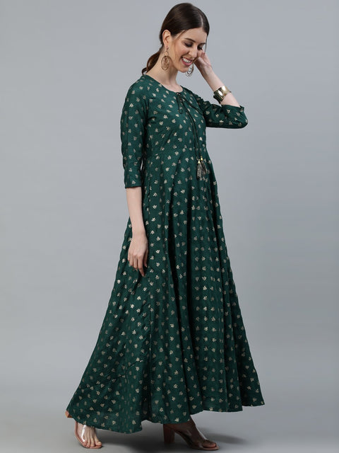 Women Green foil Printed Maxi Dress With Embroidered Net Dupatta