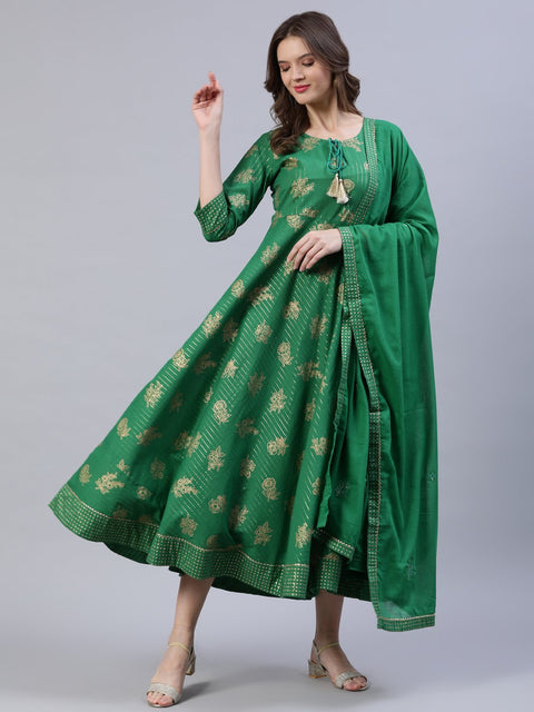 Women Green Floral Printed Dress With Dupatta