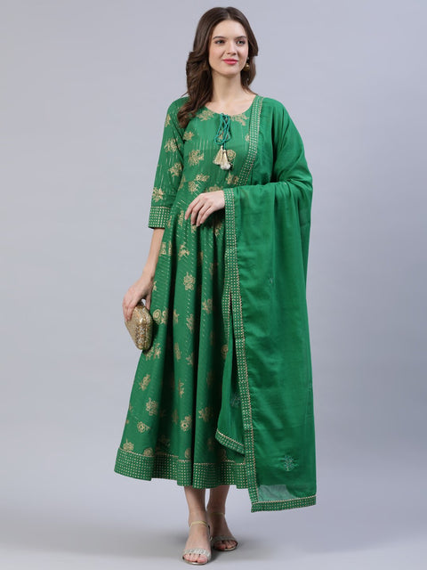 Women Green Floral Printed Dress With Dupatta
