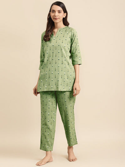 Womens Olive Green Ikat printed Night Suit