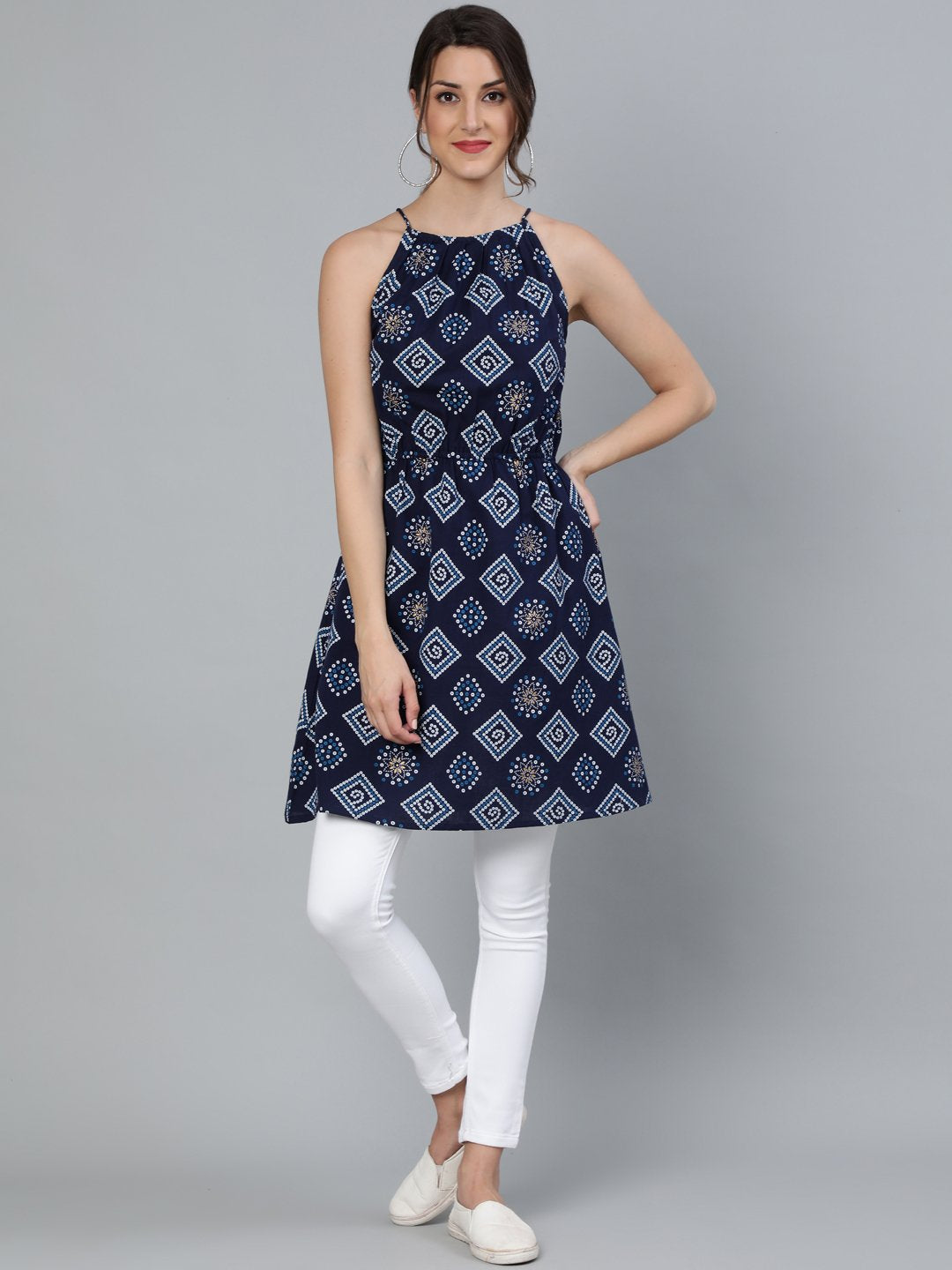 Womens Cotton Printed Short Top Kurti Sleeveless With Contrast Placket –  ShalinIndia