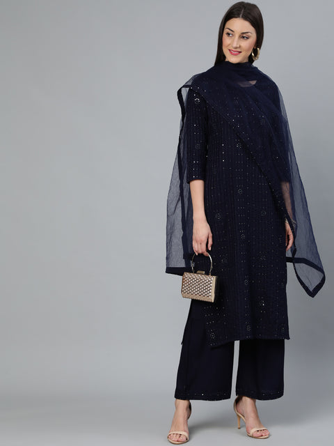 Women Navy Blue Sequence Embroidered Straight Kurta Plazzo With Net Dupatta