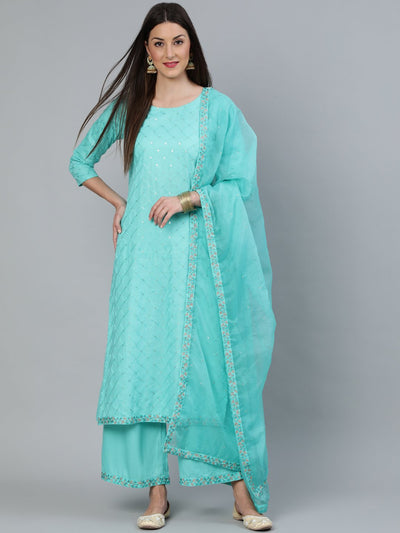 Women Turquoise Blue Sequence Embroidered Straight Kurta Plazzo With Net Dupatta