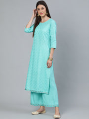 Women Turquoise Blue Sequence Embroidered Straight Kurta Plazzo With Net Dupatta