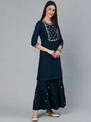 Women Teal Blue Gold Embroidered Straight Kurta With Tired Sharara & Organza Dupatta