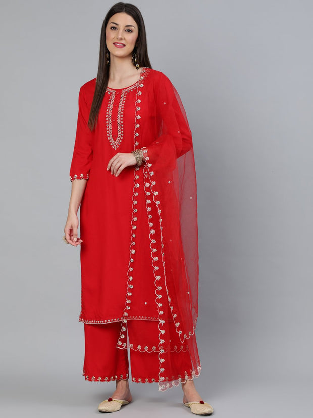 Women Red Embroidered Straight Kurta Plazzo & Scalloped Dupatta