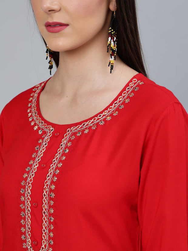 Women Red Embroidered Straight Kurta Plazzo & Scalloped Dupatta