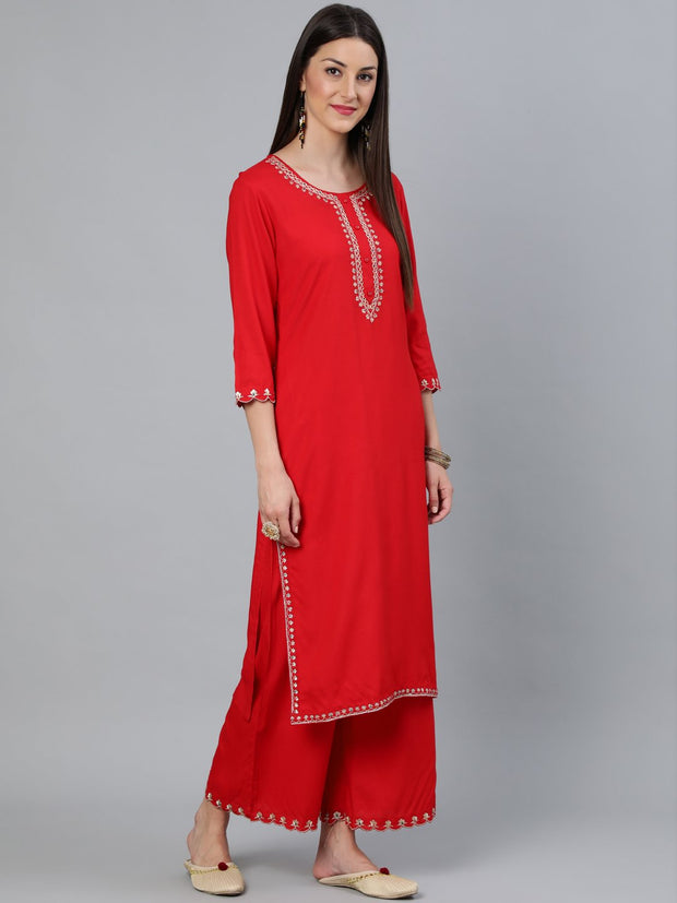 Women Red Embroidered Straight Kurta Plazzo & Scalloped Dupatta