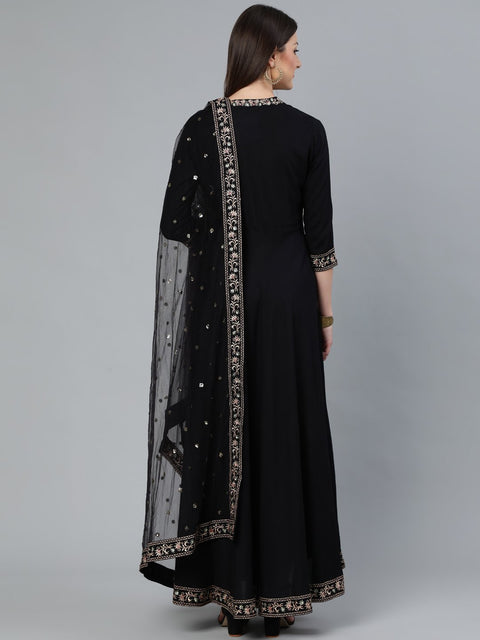 Women Black Flared Embroidered Dress With Sequinned Dupatta