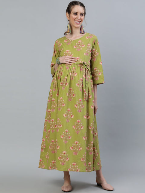 Women Green Printed Maternity Dress With Three quarter sleeves