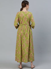 Women Green Printed Maternity Dress With Three quarter sleeves