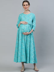 Women Blue Printed Maternity Dress With Three quarter sleeves
