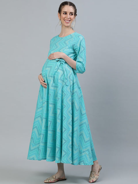 Women Blue Printed Maternity Dress With Three quarter sleeves