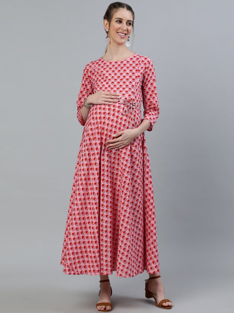 Women Pink Printed Maternity Dress With Three quarter sleeves
