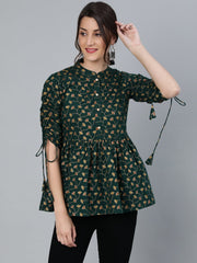 Women Green Floral Printed Top With Mandarin Collar & Three Quarter Sleeves
