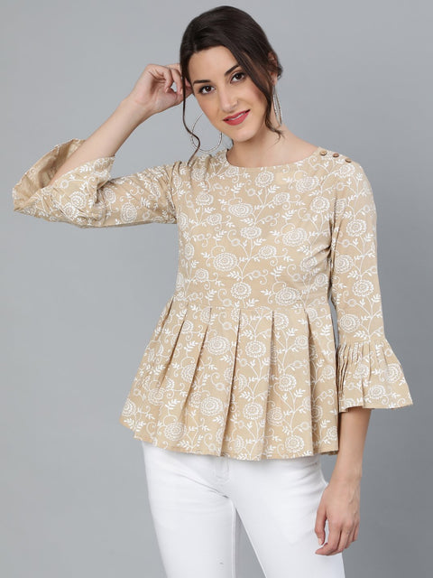 WomenBeige & Off-White Floral Printed Top With Round Neck & Three Quarter Sleeves