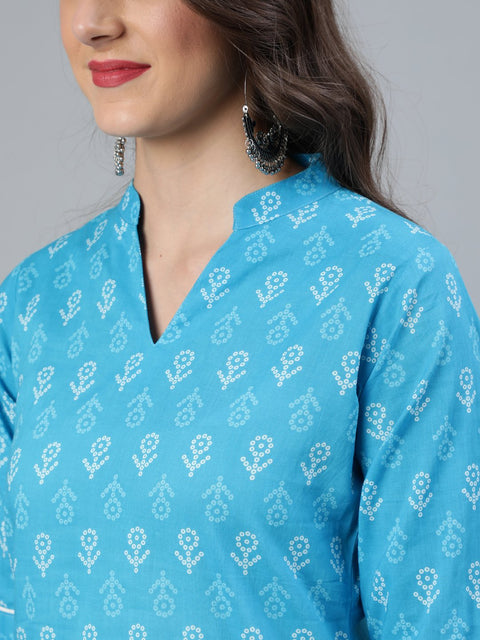 Women Sky Blue Straight Bandhani Printed Kurta With Plazzo & Dupatta