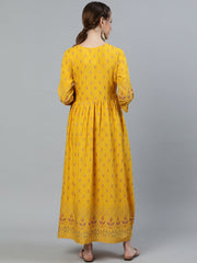Women Yellow & Gold Printed Maternity Dress With Three quarter sleeves