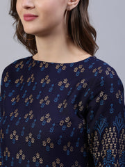 Women Navy Blue & Gold Printed Dress With Three Quarter Sleeves