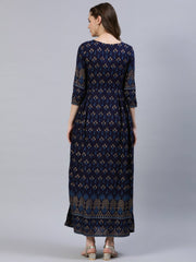 Women Navy Blue & Gold Printed Dress With Three Quarter Sleeves