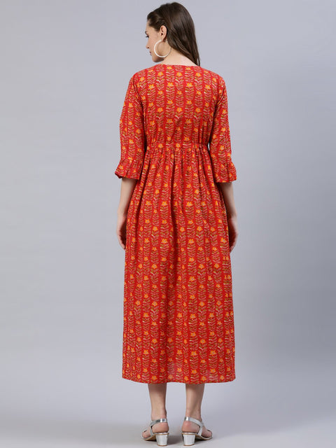 Women Red Printed Dress With Flared Sleeves