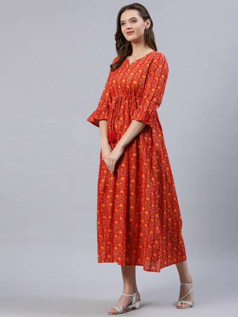 Women Red Printed Dress With Flared Sleeves