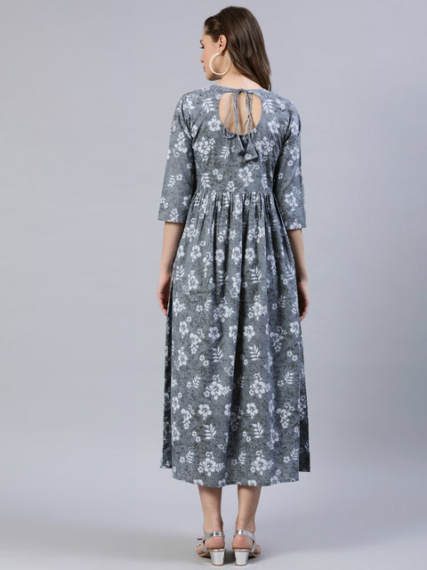 Women Grey Floral Printed Dress With Three Quarter Sleeves