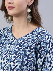 Women Indigo Blue Printed Gathered Kurta With Palazo & Dupatta
