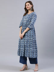 Women Indigo Blue Printed Gathered Kurta With Palazo & Dupatta