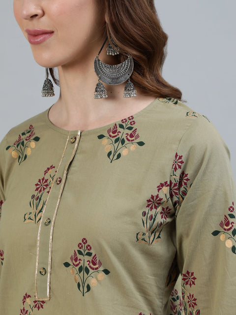 Women Olive Embroidered Layered Pure Cotton Kurti with Trousers & With Dupatta