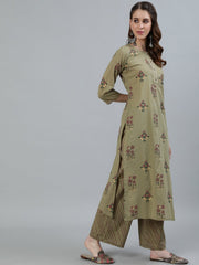 Women Olive Embroidered Layered Pure Cotton Kurti with Trousers & With Dupatta