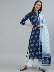 Women Indigo Blue Printed Straight kurta with Plazo & Dupatta