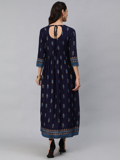 Women Navy Blue & Gold Printed Maxi Dress With Three Quarter Sleeves