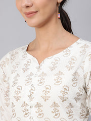 Women Off-White & Gold Printed Tunic With Three Quarter Sleeves