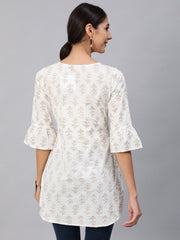 Women Off-White & Gold Printed Tunic With Three Quarter Sleeves
