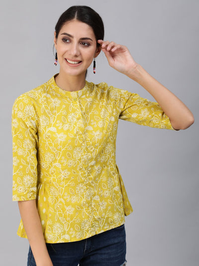 Women Green & Gold Printed Top With Three Quarter Flared Sleeves
