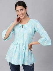 Women Blue & Gold Printed Top With Three Quarter Flared Sleeves