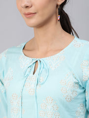 Women Blue & Gold Printed Top With Three Quarter Flared Sleeves