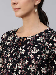 Women Black Floral Printed Top With Three Quarter Flared Sleeves