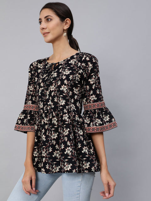 Women Black Floral Printed Top With Three Quarter Flared Sleeves